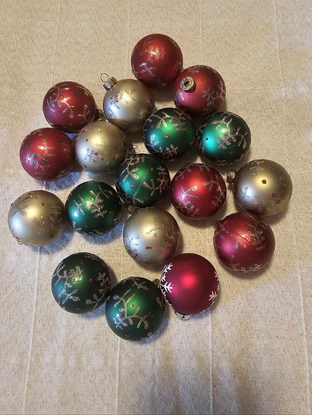 Classic Holiday Christmas Ornament Set – Red, Green & Gold Glitter Snowflakes